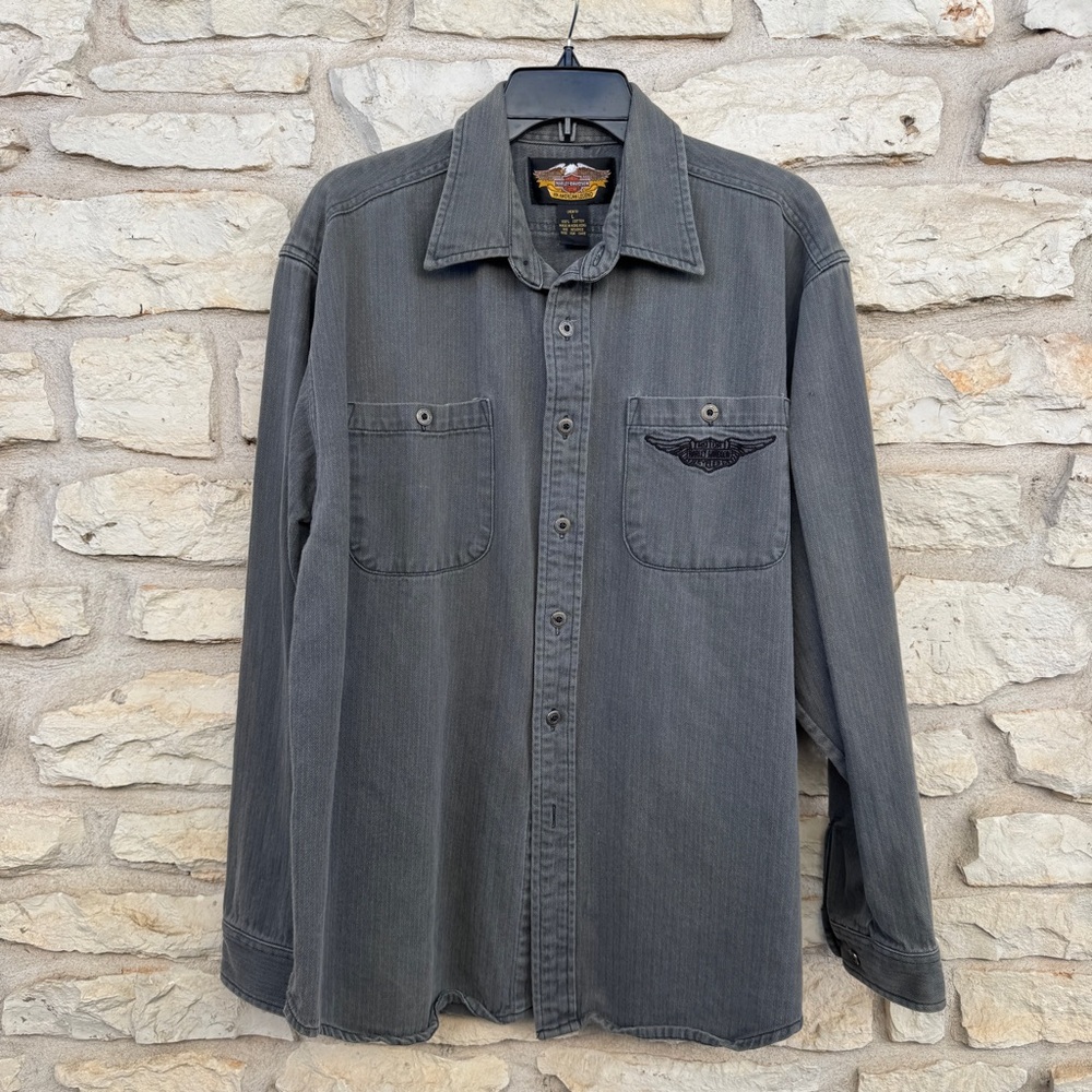 Harley-Davidson Gray Herringbone Shirt Pockets Long Sleeve